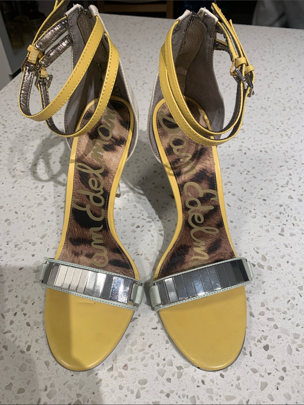 Sam Edelman Yellow/Mint Ankle-Strap Heels with Silver Front Accent